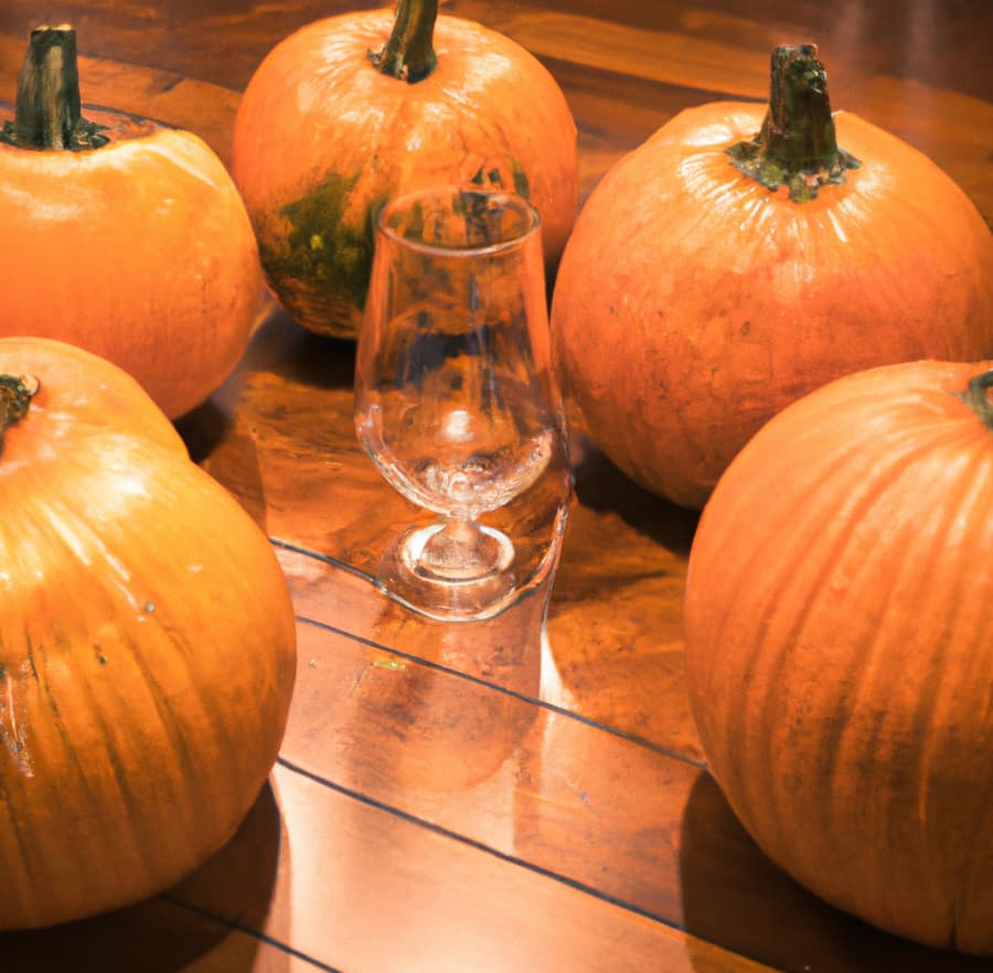 An empty beer glass surrounded by pumpkins on a table