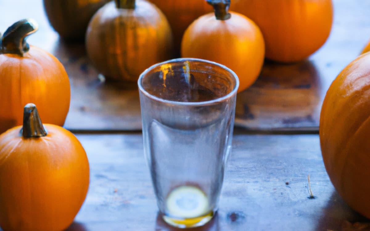 An empty glass surrounded by pumpkins on a table